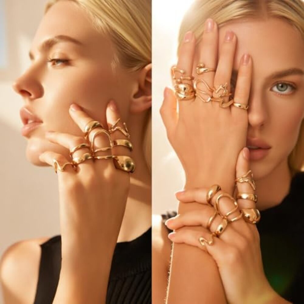 Gold Chunky Stackable Rings Set Adjustable Minima… - image 4